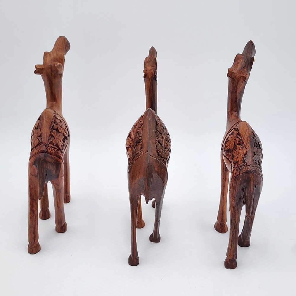 Vintage Hand Carved Standing Wood Camel Sculptures Set Of 3 Bead Eyes Intricate - Picture 2 of 16
